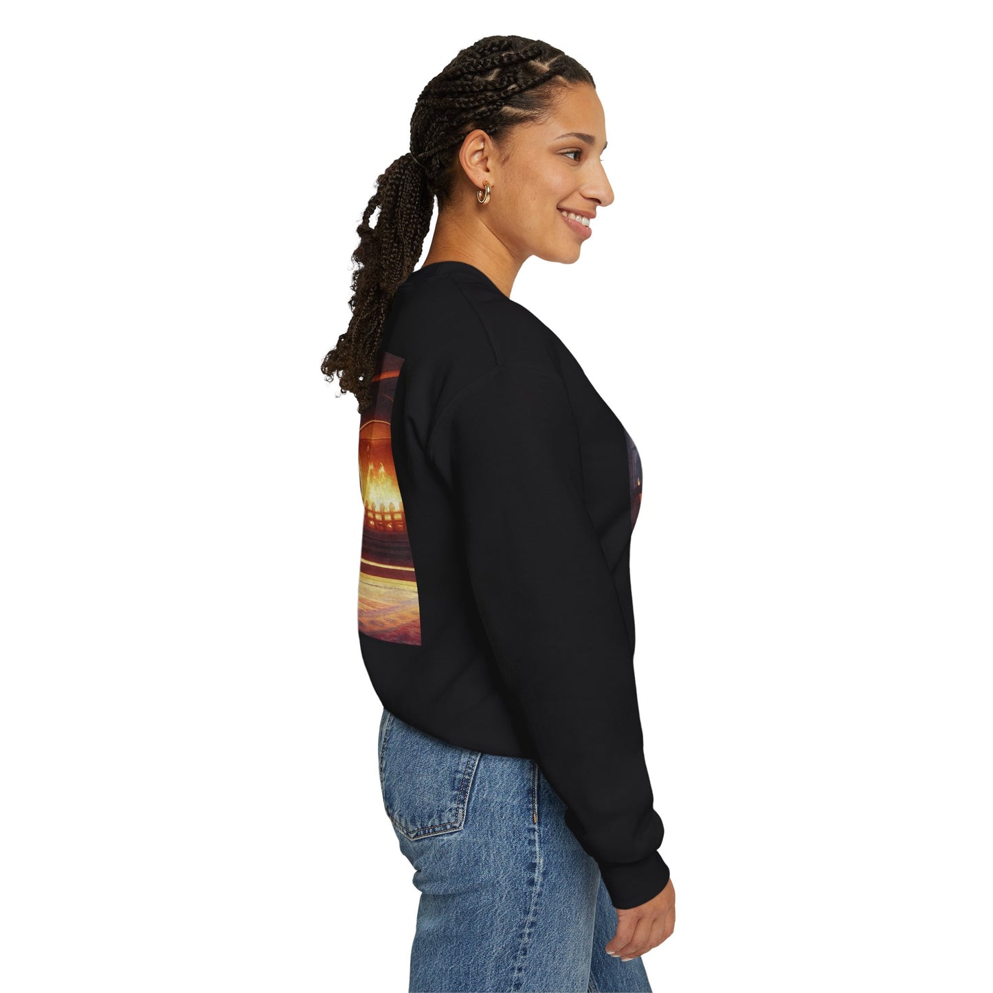 Crewneck Sweatshirt — Cozy Cat by the Fireplace Graphic