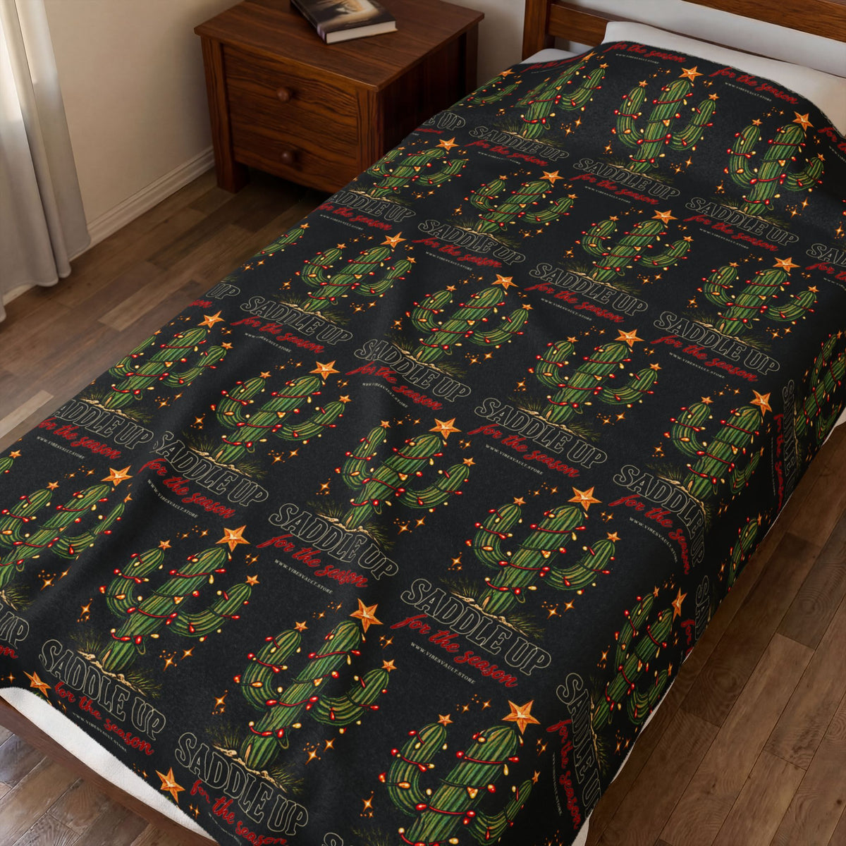 Velveteen Plush Blanket – Christmas Cactus “Saddle Up” Western Holiday Design