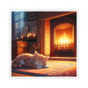 Cozy Fireplace Cat Sticker — Sleepy Tabby by the Hearth (Kiss-Cut)