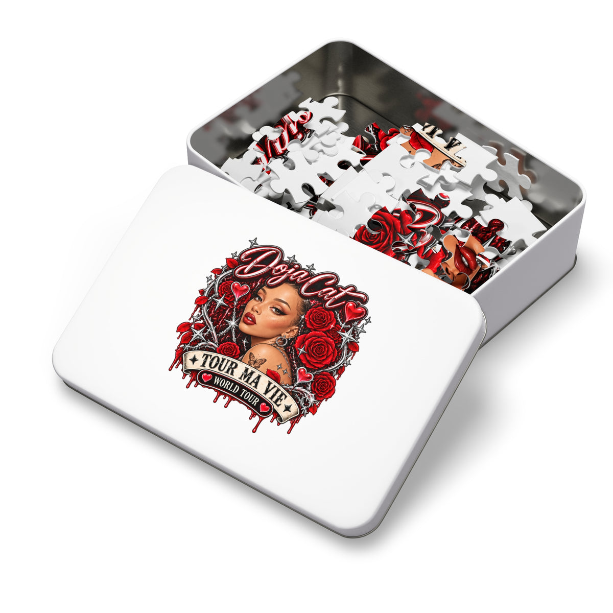 Red Roses Chrome Portrait Jigsaw Puzzle with Tin