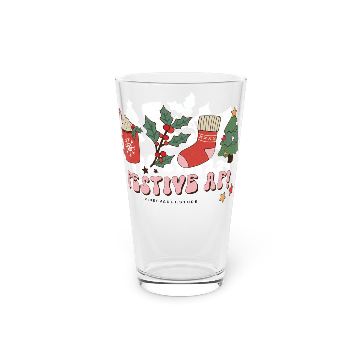 Festive AF Pint Glass — 16oz Christmas Holiday Beer Glass with Cozy Cocoa & Stocking Design