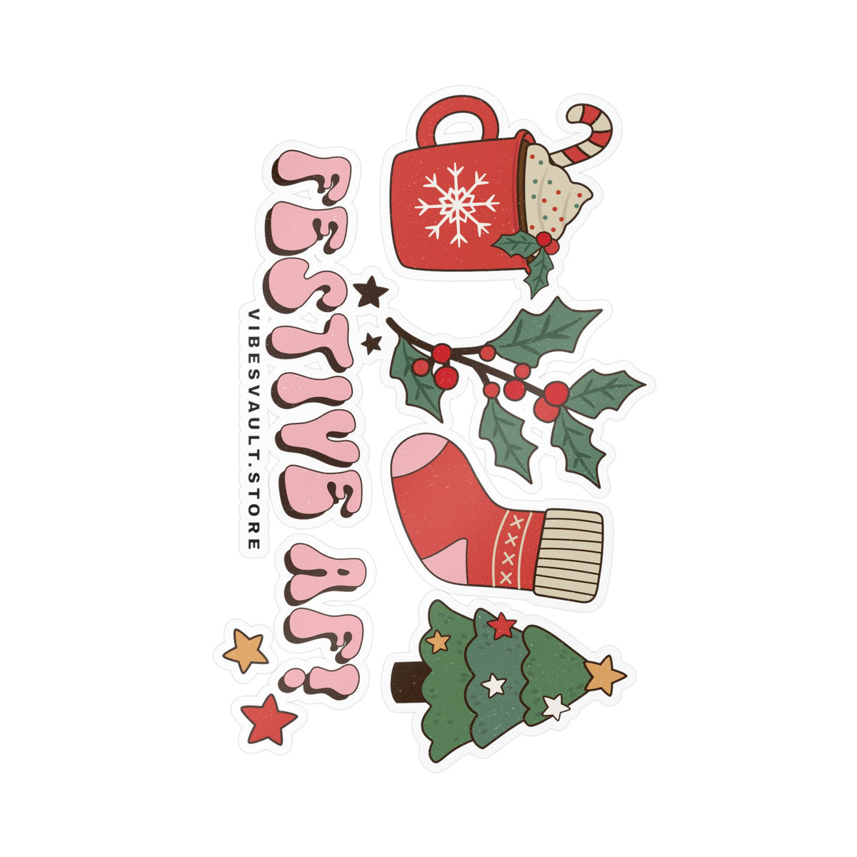 Christmas Sticker Festive AF — Holiday Kiss-Cut Vinyl Decals (Mug, Stocking, Holly & Tree)