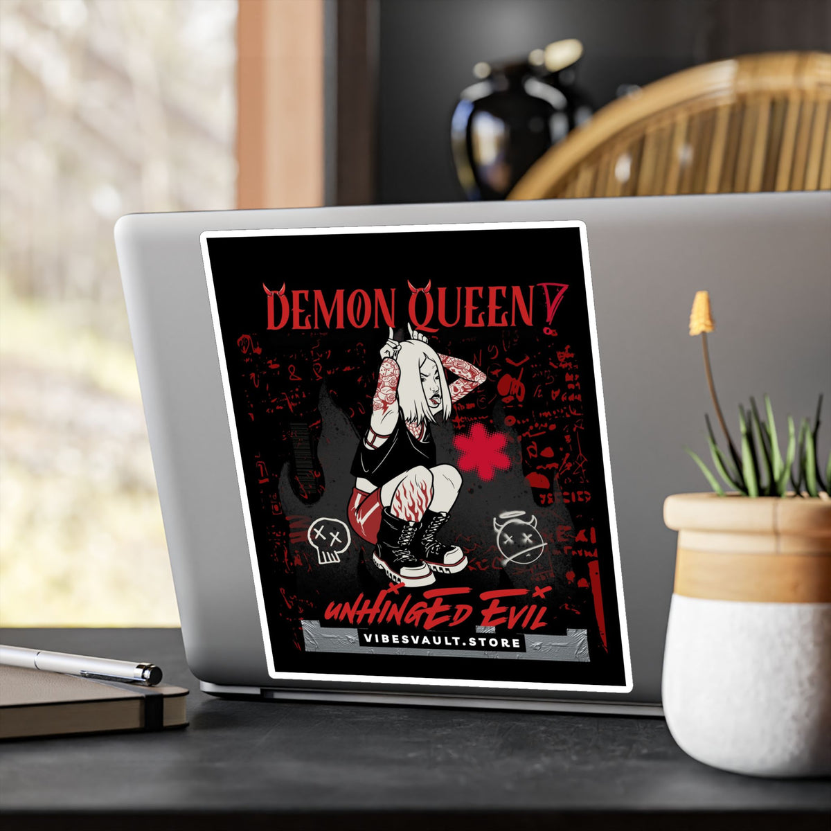Demon Queen Kiss-Cut Vinyl Decal — Gothic Punk Sticker ("Unhinged Evil")— Halloween 2026