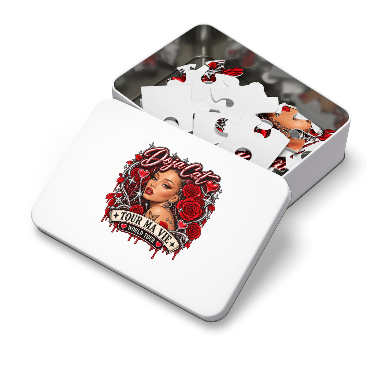 Red Roses Chrome Portrait Jigsaw Puzzle with Tin