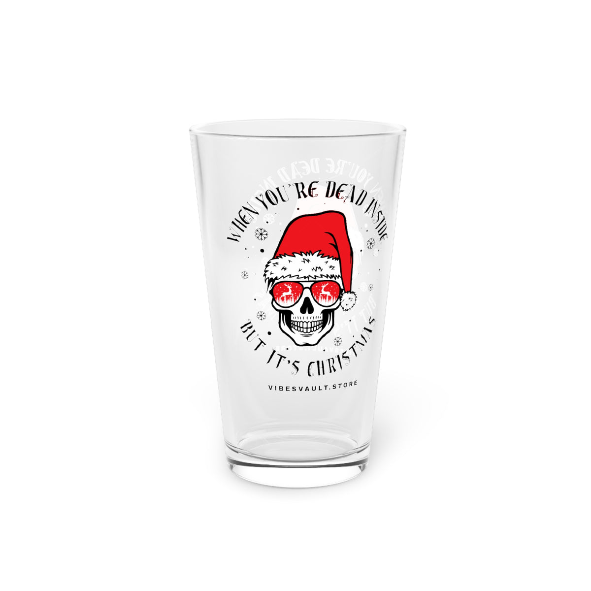 Christmas Skull Pint Glass — "Deck the Dead" 16oz Holiday Beer Glass