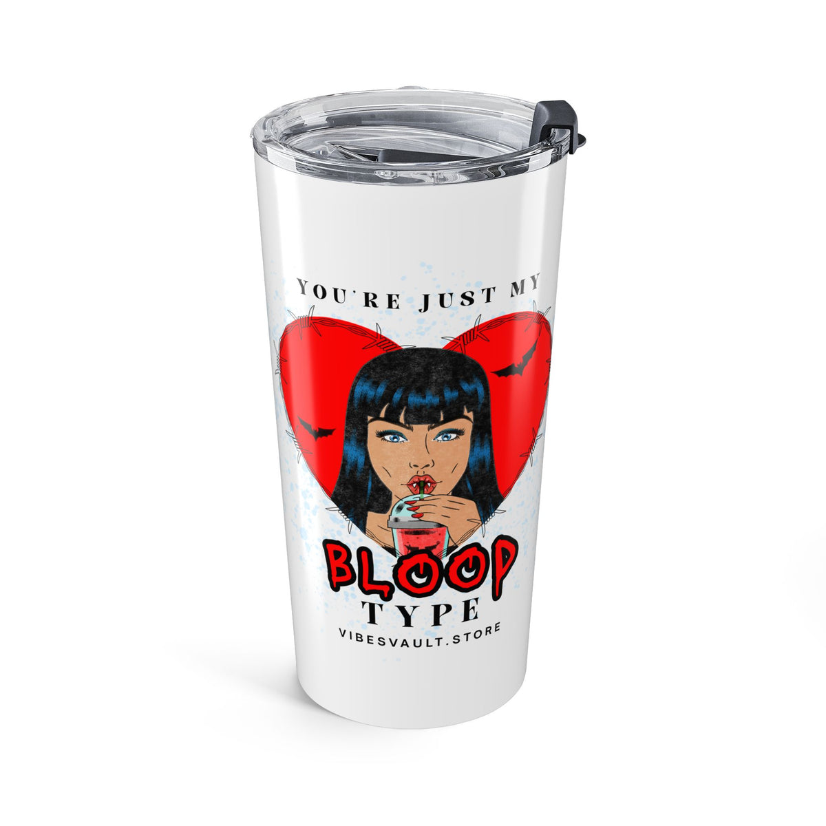 20oz Stainless Tumbler — 'Blood Type' Vampire Red Heart Skull Design— Halloween 2026