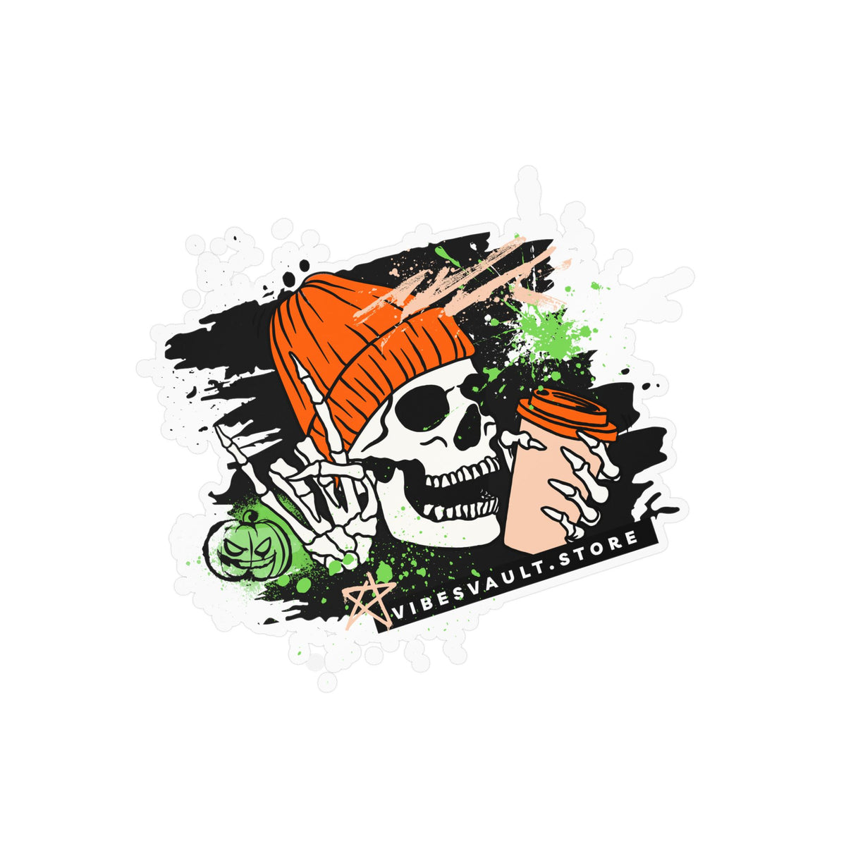 Skull Coffee Sticker — Halloween Skull with Beanie & Pumpkin Kiss-Cut Vinyl Decal— Halloween 2026