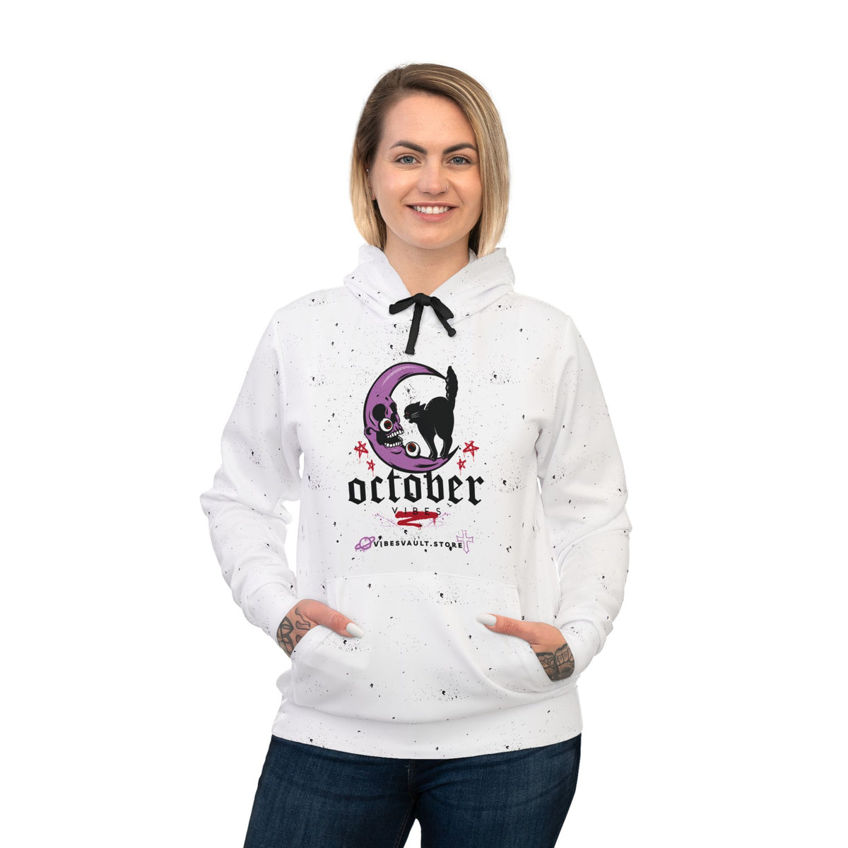 October Skull & Cat Hoodie — Halloween Moon Graphic Athletic Hoodie