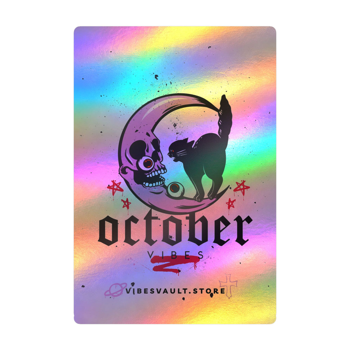 October Vibes Kiss-Cut Vinyl Decal — Halloween Moon Cat Skull Sticker