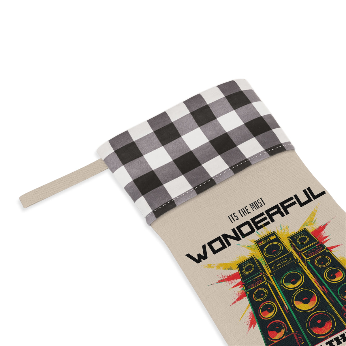 Retro Speaker Christmas Stocking – "Wonderful Time of the Year" Holiday Stocking with Buffalo Plaid Cuff