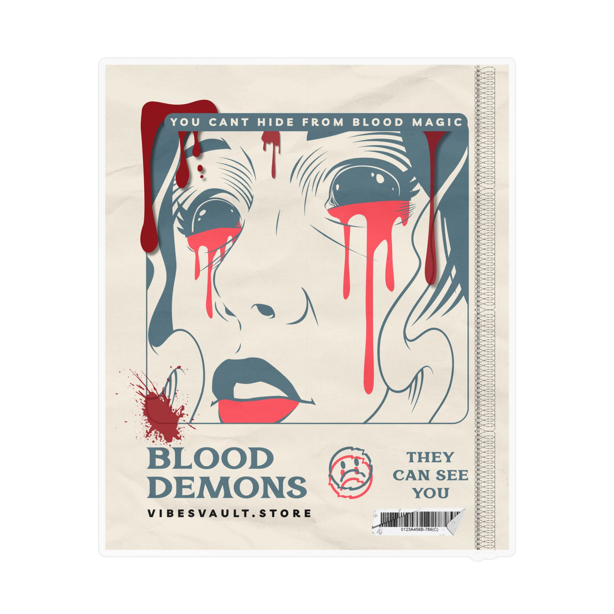 Blood Demons Kiss-Cut Vinyl Decal — Retro Horror Sticker ("You Can't Hide From Blood Magic") — Halloween 2026