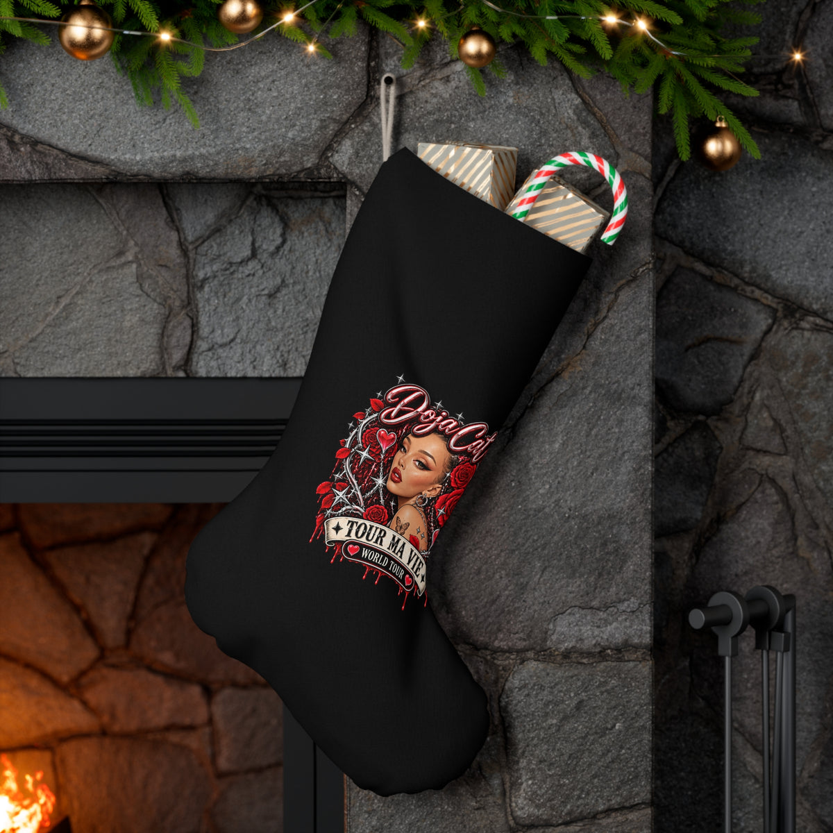Red Roses Chrome Portrait Santa Stocking