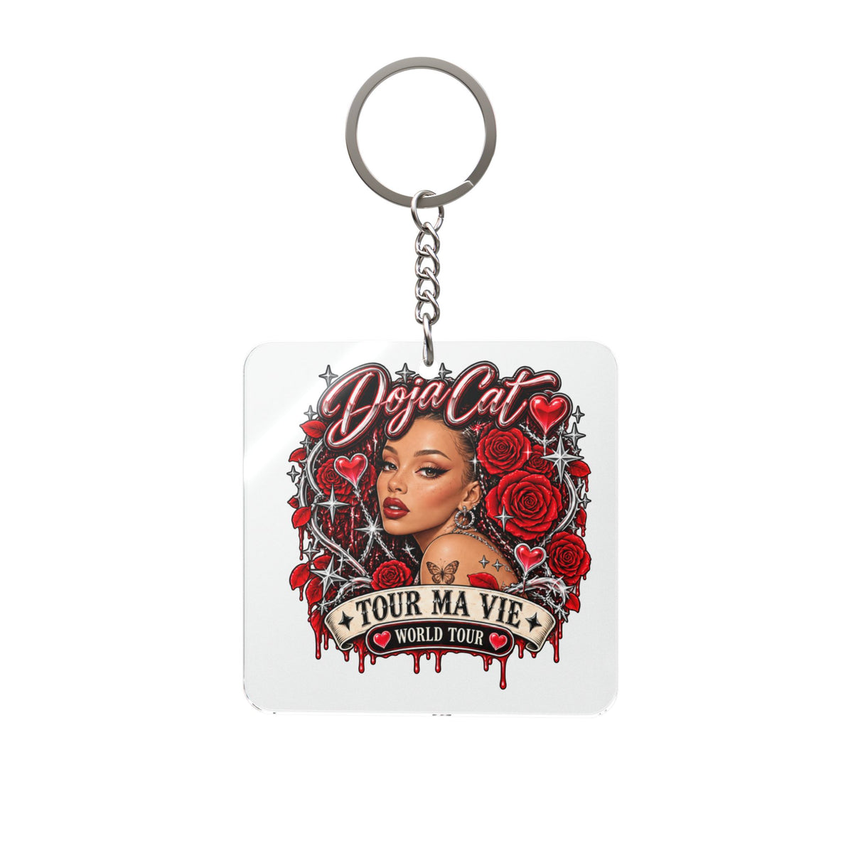 Red Roses Chrome Portrait Square Keychain