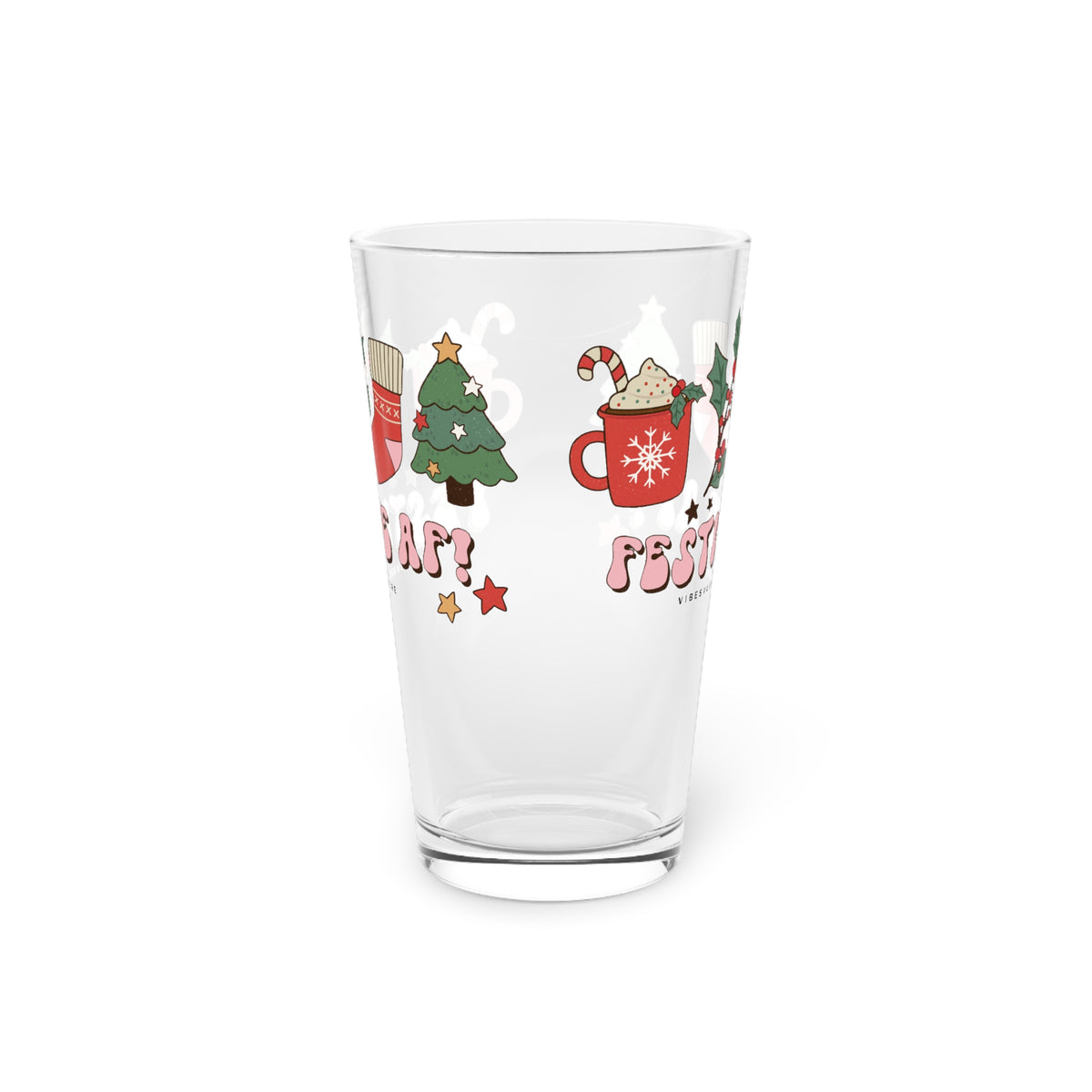 Festive AF Pint Glass — 16oz Christmas Holiday Beer Glass with Cozy Cocoa & Stocking Design