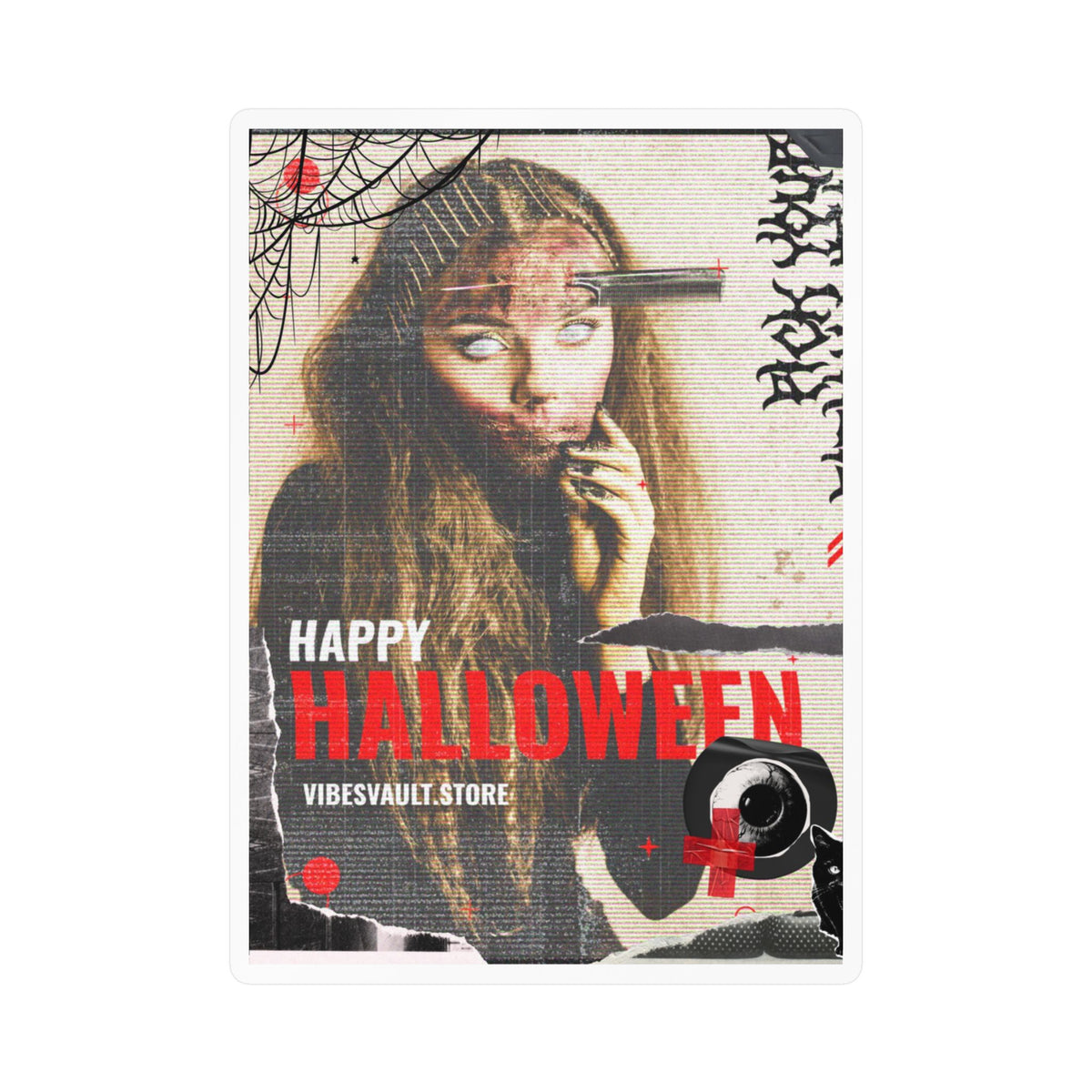 Halloween Kiss-Cut Vinyl Decal — "Happy Halloween" Horror Collage Sticker— Halloween 2026
