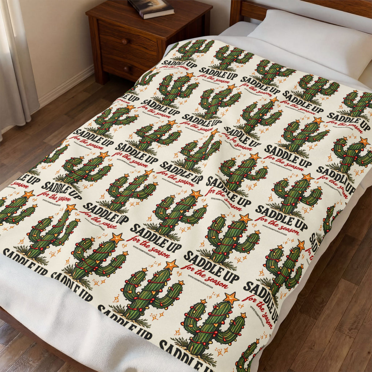 Velveteen Plush Blanket – Christmas Cactus “Saddle Up” Western Holiday Design