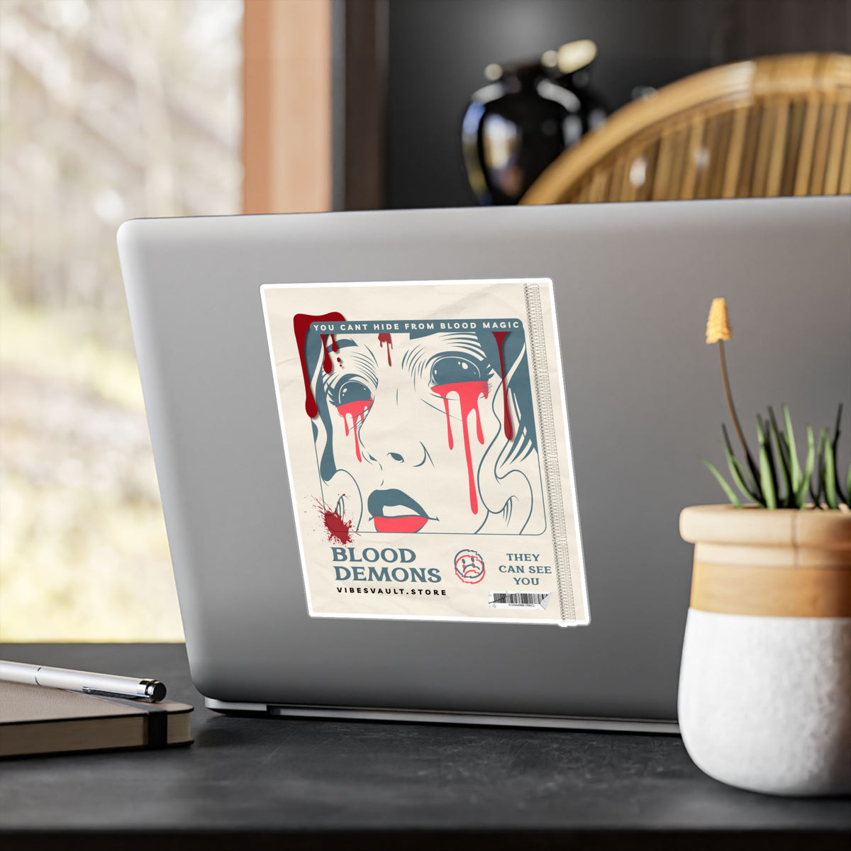 Blood Demons Kiss-Cut Vinyl Decal — Retro Horror Sticker ("You Can't Hide From Blood Magic") — Halloween 2026