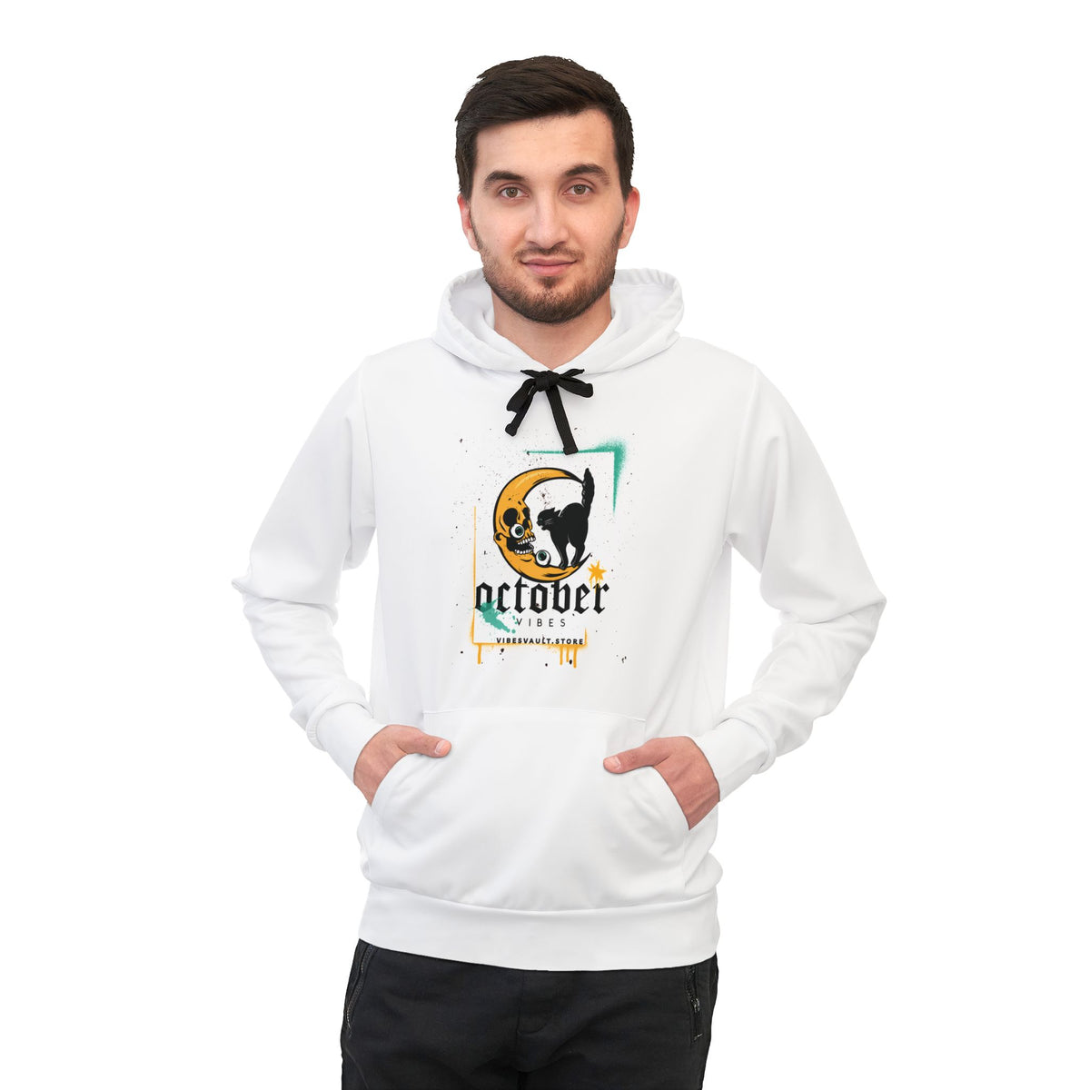 October Vibes Hoodie – Black Cat Moon Graphic Athletic Hoodie