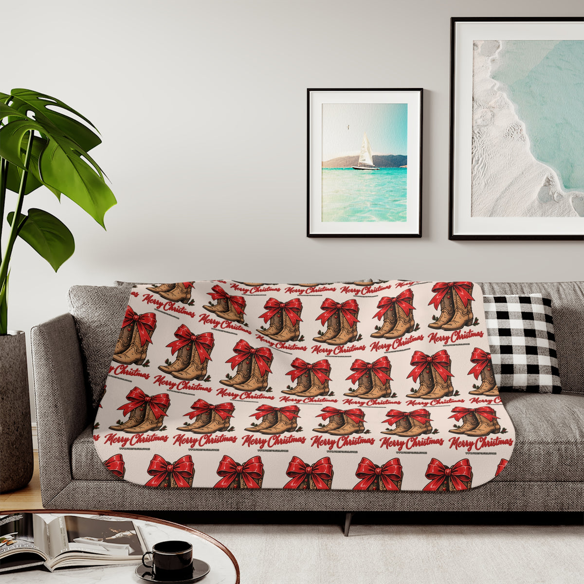 Christmas Cowboy Boots Sherpa Blanket – Merry Christmas Red Bow Holiday Throw