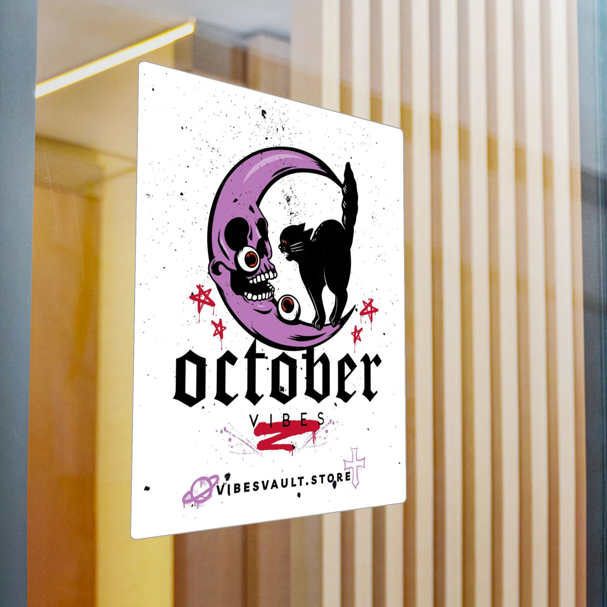 October Vibes Kiss-Cut Vinyl Decal — Halloween Moon Cat Skull Sticker