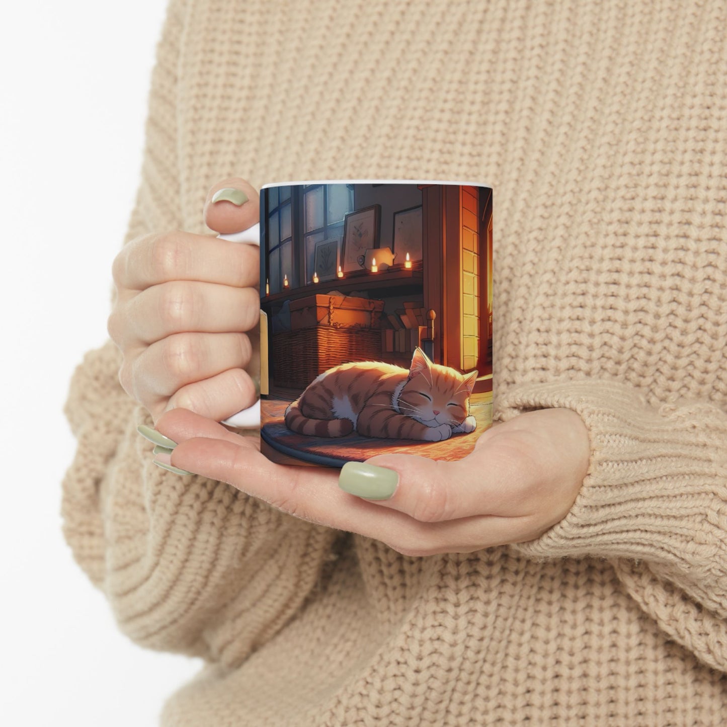 Cozy Fireplace Cat Mug – Ceramic Coffee Cup (11oz/15oz)