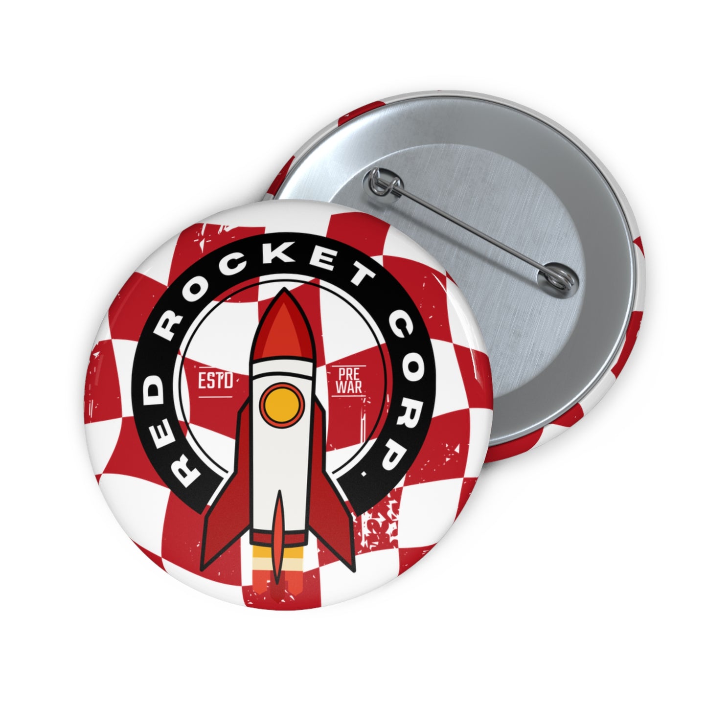 Red Rocket Corp Fallout Round Pin Button — Retro Space Rocket Video Game Badge