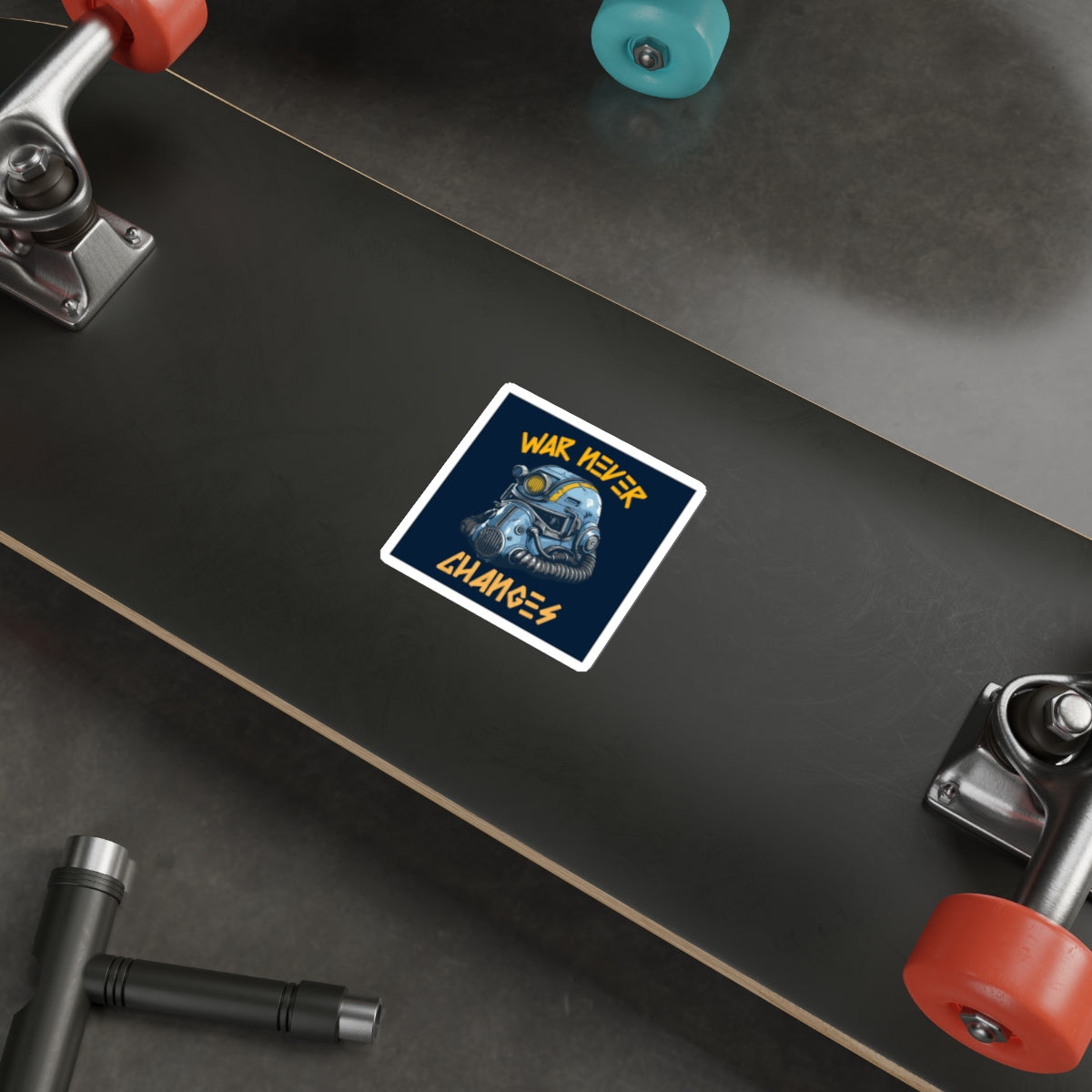 Die-Cut Sticker — Fallout Retro Power Armor Helmet with “War Never Changes” Quote