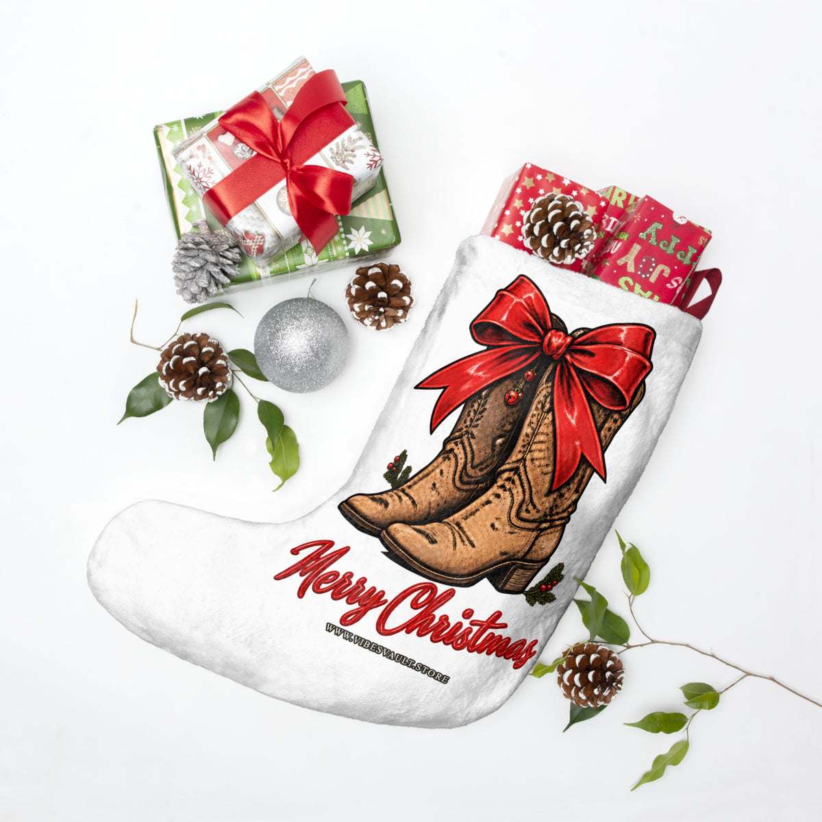 Christmas Stocking — Cowboy Boots with Red Bow "Merry Christmas"