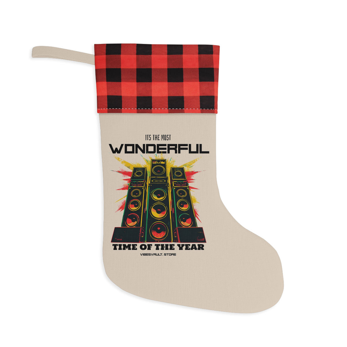 Retro Speaker Christmas Stocking – "Wonderful Time of the Year" Holiday Stocking with Buffalo Plaid Cuff