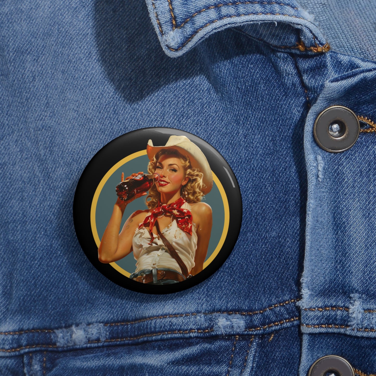 Fallout Nuka Cola Pin-Up Button Pin — Retro Cowgirl Soda Pop Design