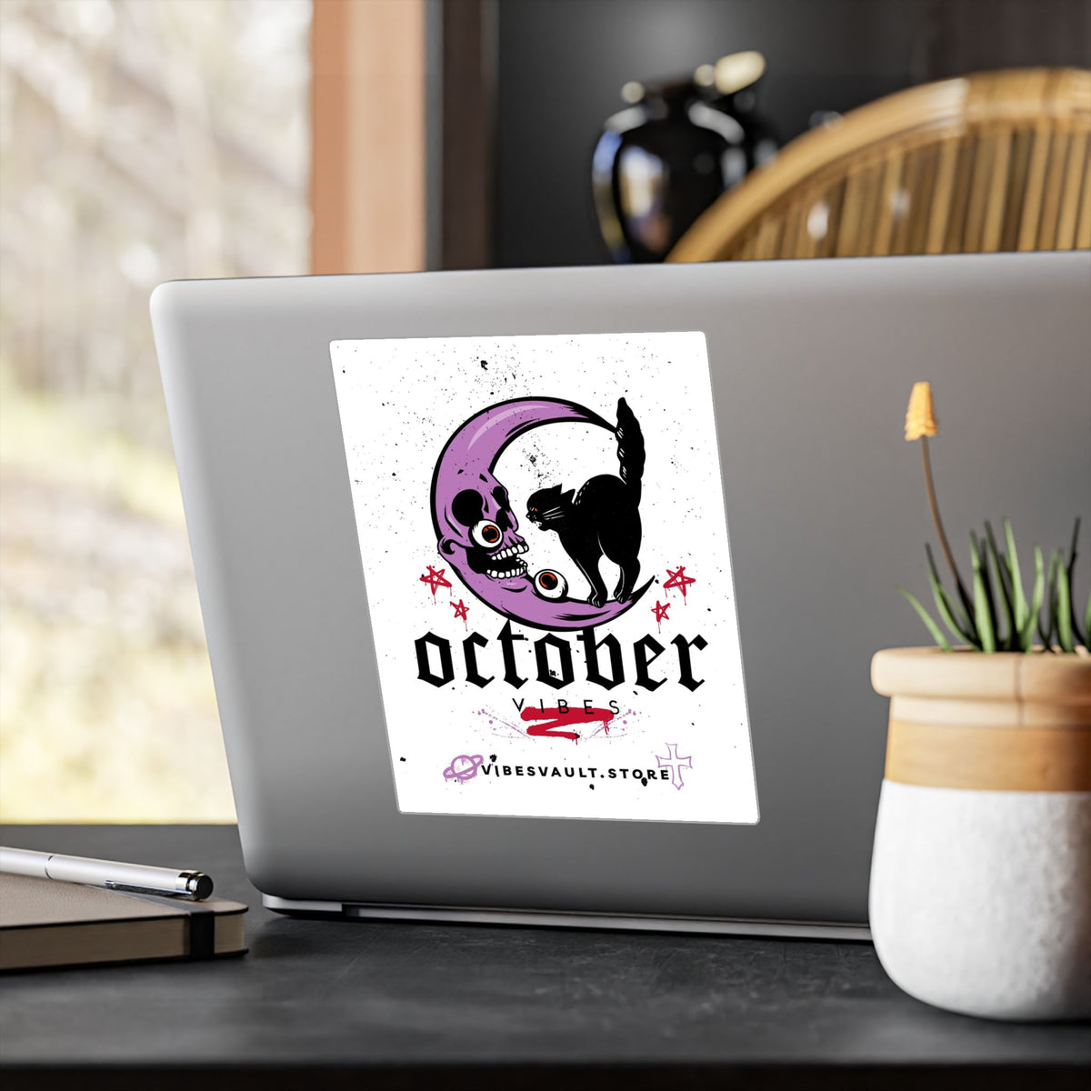 October Vibes Kiss-Cut Vinyl Decal — Halloween Moon Cat Skull Sticker