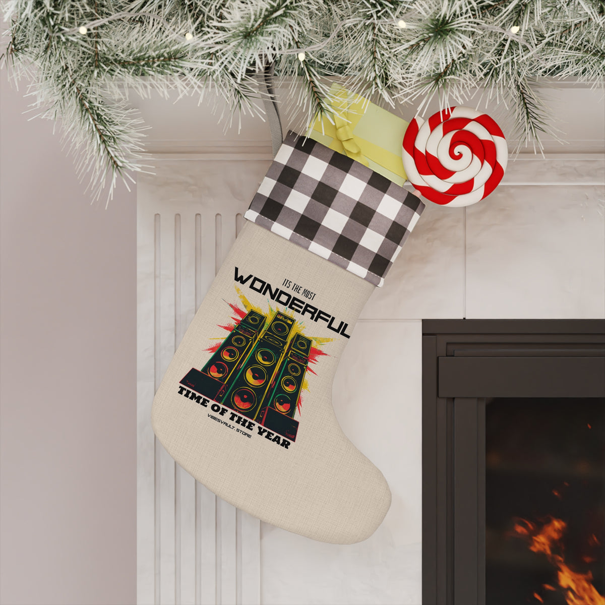 Retro Speaker Christmas Stocking – "Wonderful Time of the Year" Holiday Stocking with Buffalo Plaid Cuff