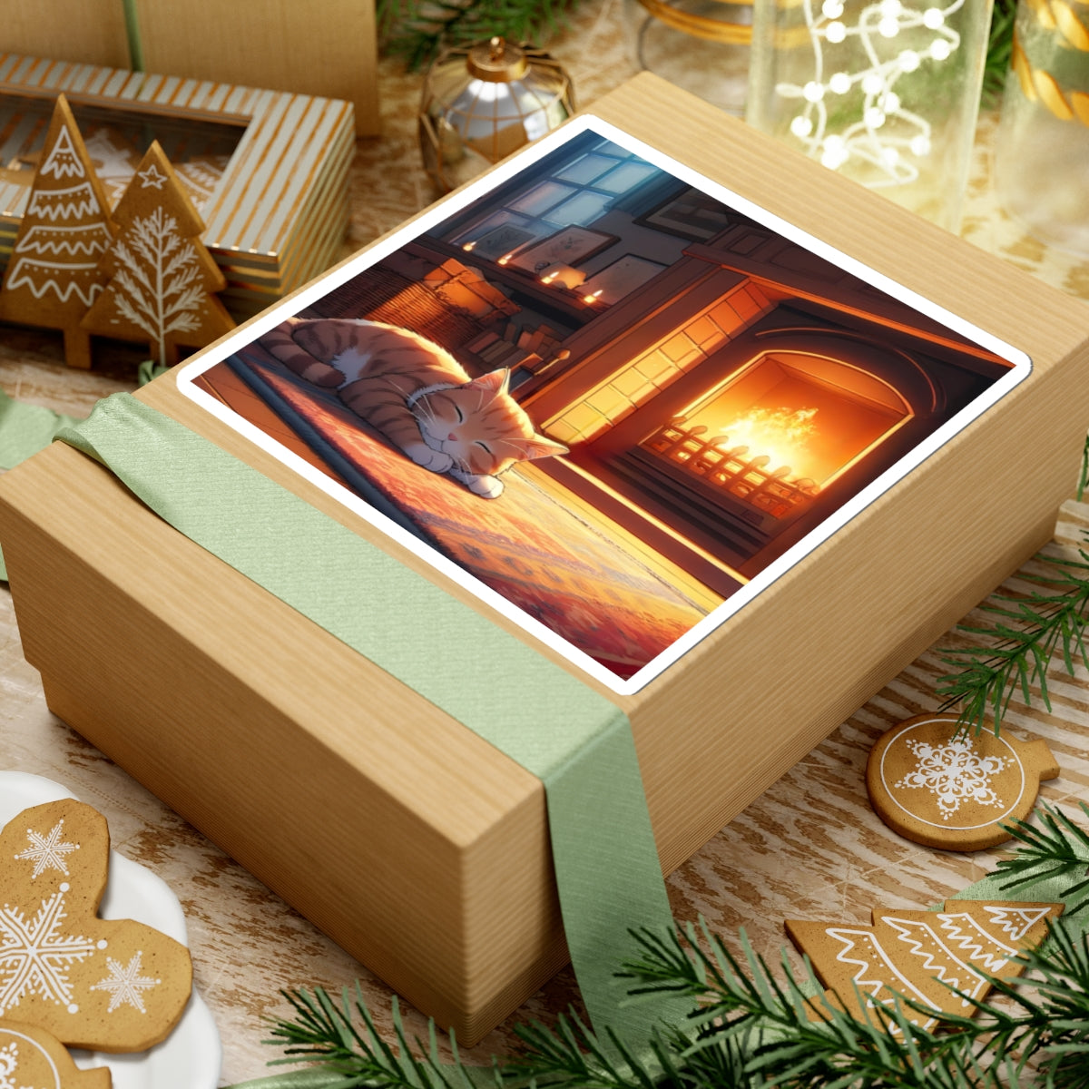 Cozy Fireplace Cat Sticker — Sleepy Tabby by the Hearth (Kiss-Cut)