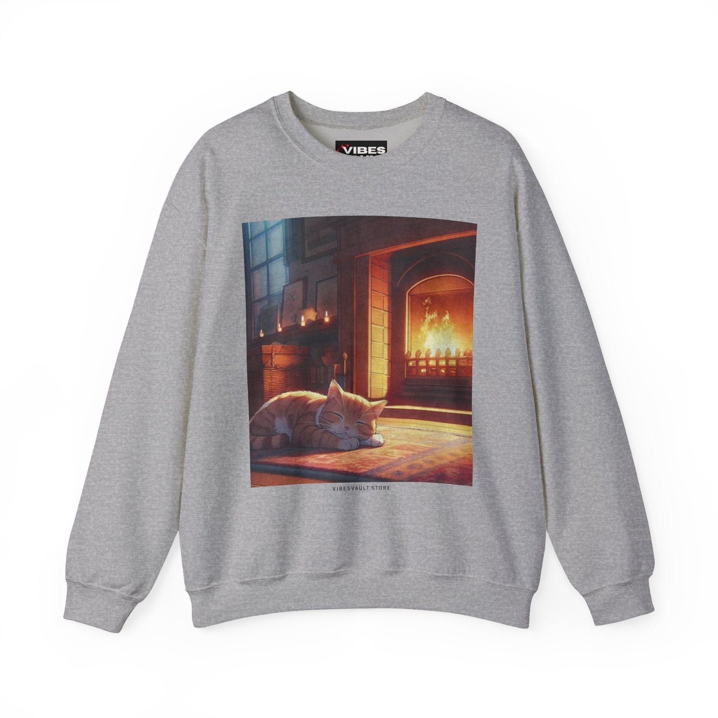 Crewneck Sweatshirt — Cozy Cat by the Fireplace Graphic