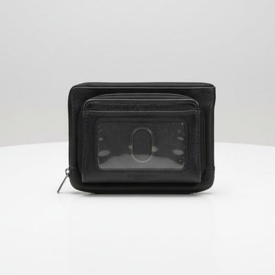 Black zippered pouch with clear window on a white background