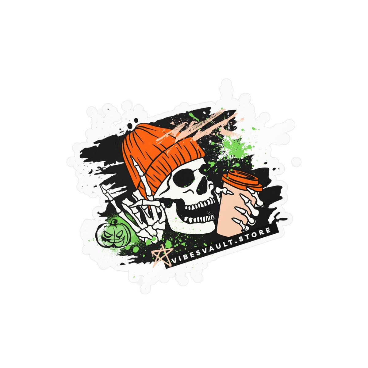 Skull Coffee Sticker — Halloween Skull with Beanie & Pumpkin Kiss-Cut Vinyl Decal— Halloween 2026