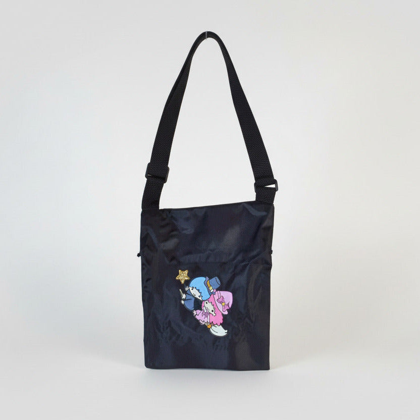 Zip-Close Crossbody Black Bag with Kawaii Twin Stars