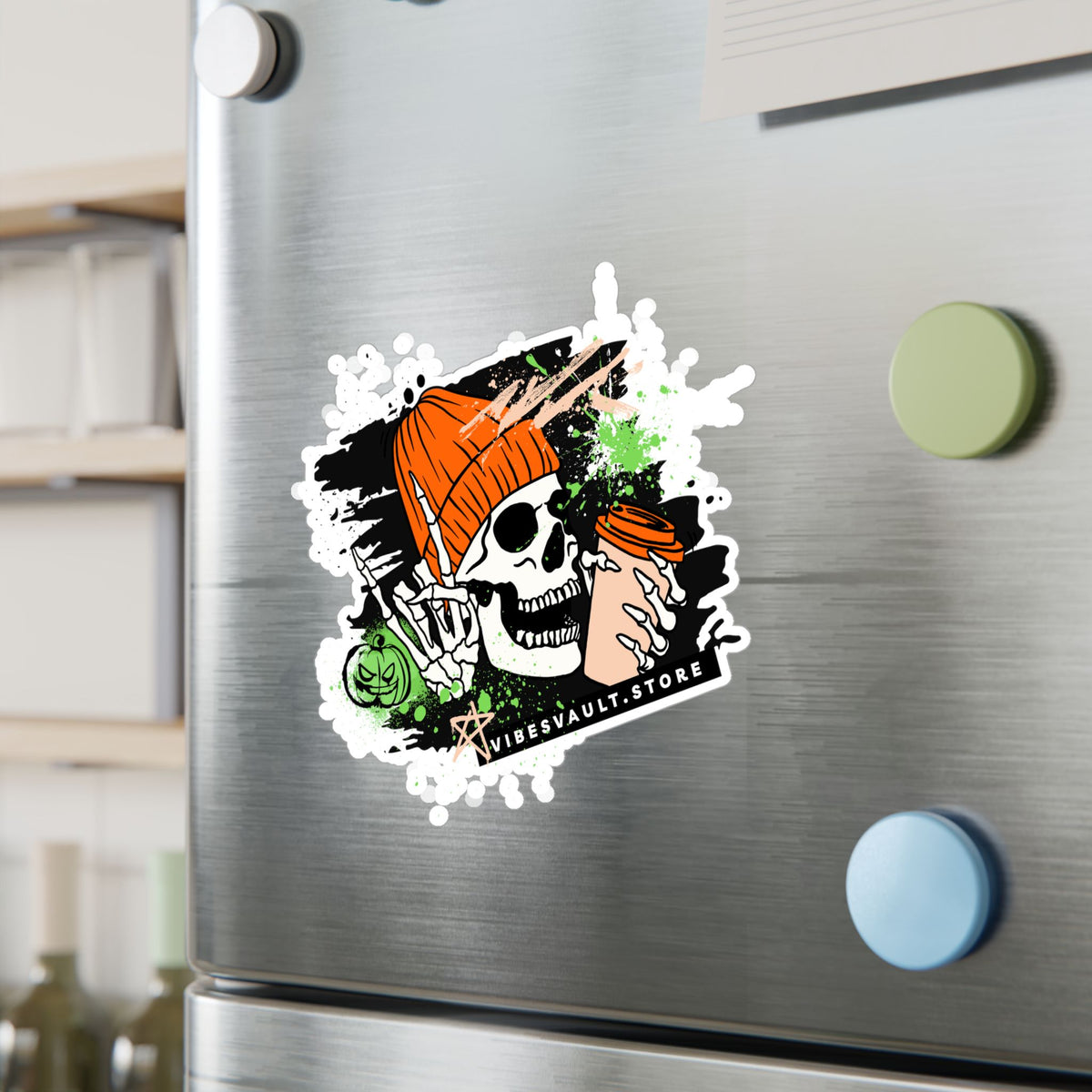 Skull Coffee Sticker — Halloween Skull with Beanie & Pumpkin Kiss-Cut Vinyl Decal— Halloween 2026