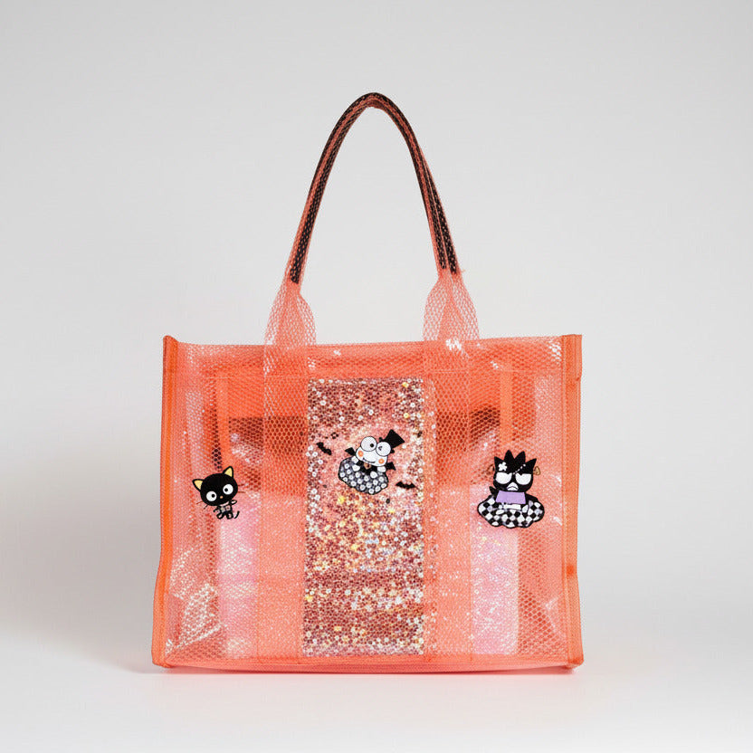 Transparent orange tote bag with cartoon characters and glittery design on a white background