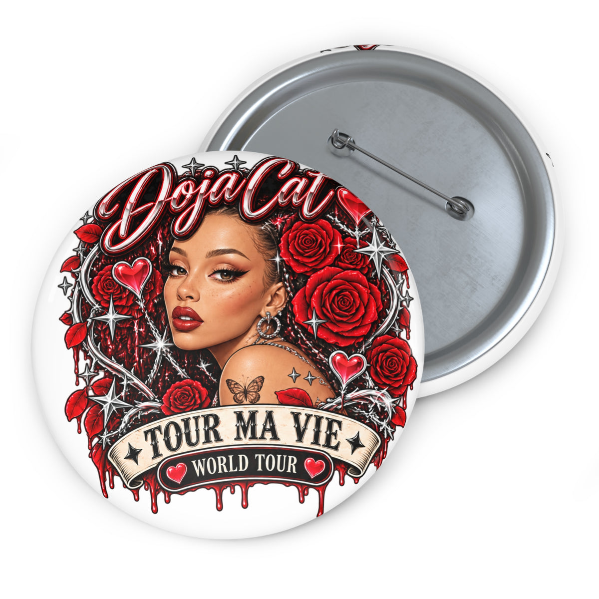 Red Roses Chrome Portrait Custom Pin Buttons