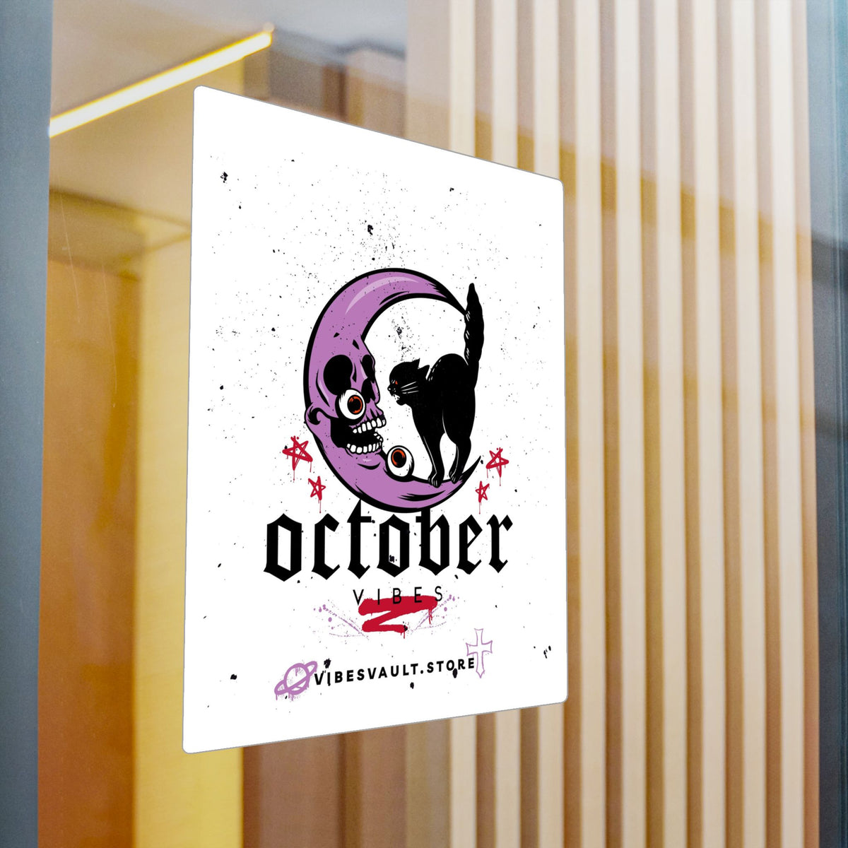 October Vibes Kiss-Cut Vinyl Sticker — Gothic Moon Cat Fall Decal— Halloween 2026
