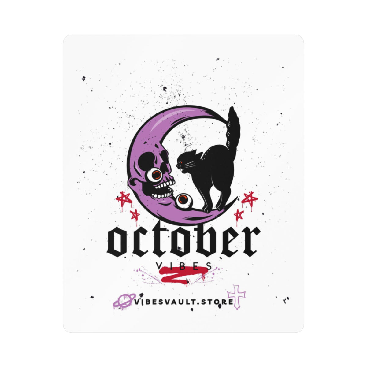 October Vibes Kiss-Cut Vinyl Decal — Halloween Moon Cat Skull Sticker
