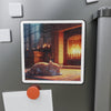 Cozy Fireplace Cat Die-Cut Magnet — Sleeping Kitten Home Décor