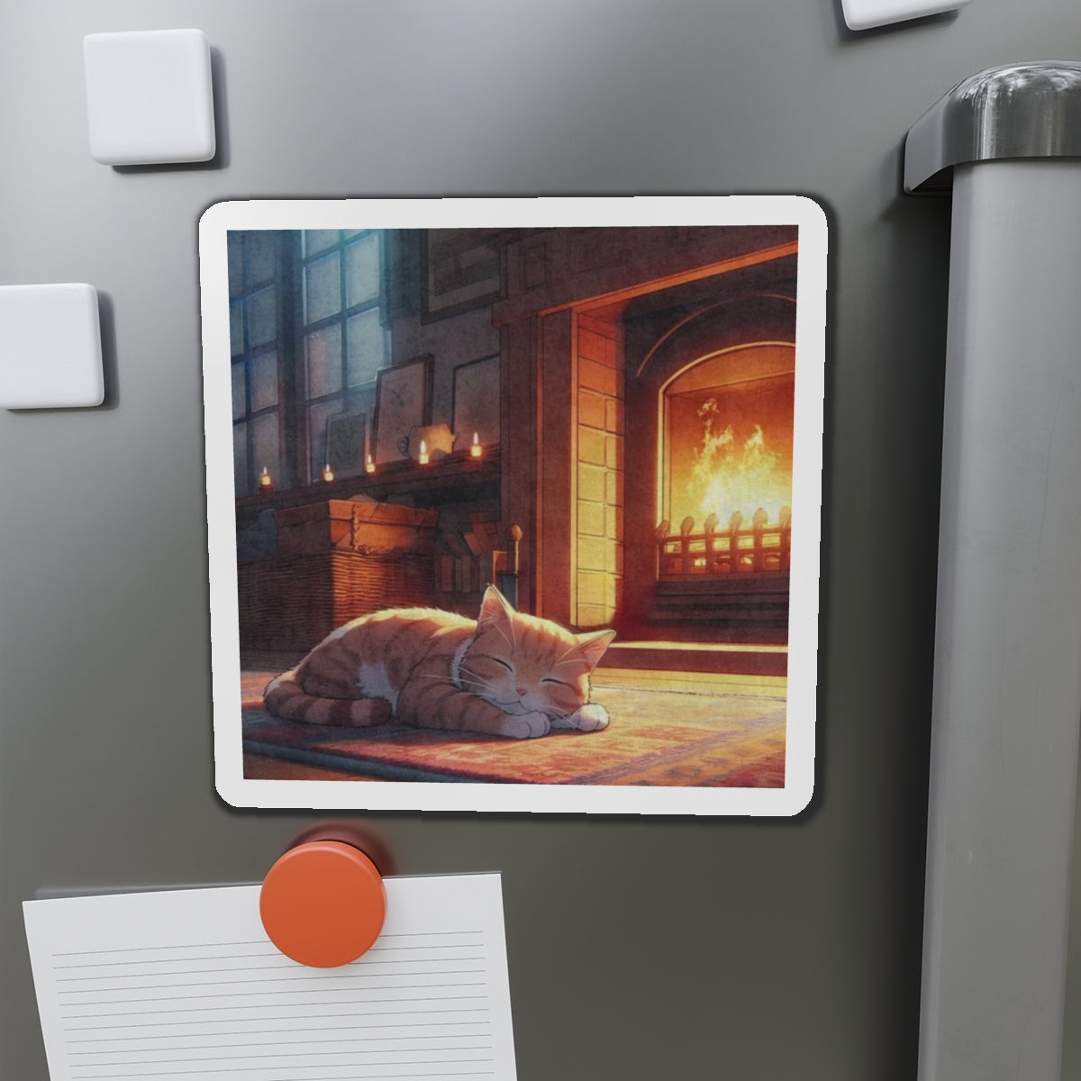 Cozy Fireplace Cat Die-Cut Magnet — Sleeping Kitten Home Décor