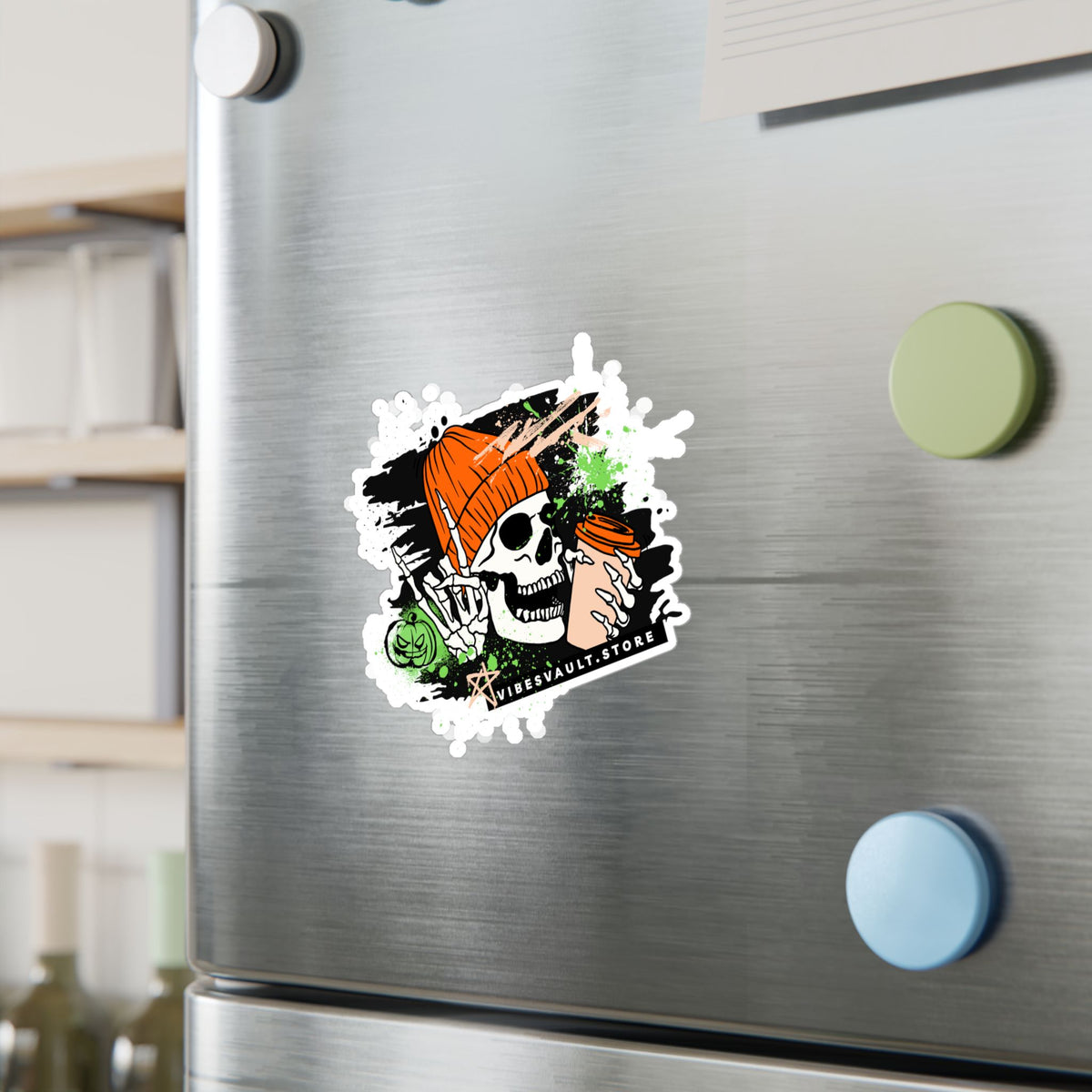 Skull Coffee Sticker — Halloween Skull with Beanie & Pumpkin Kiss-Cut Vinyl Decal— Halloween 2026