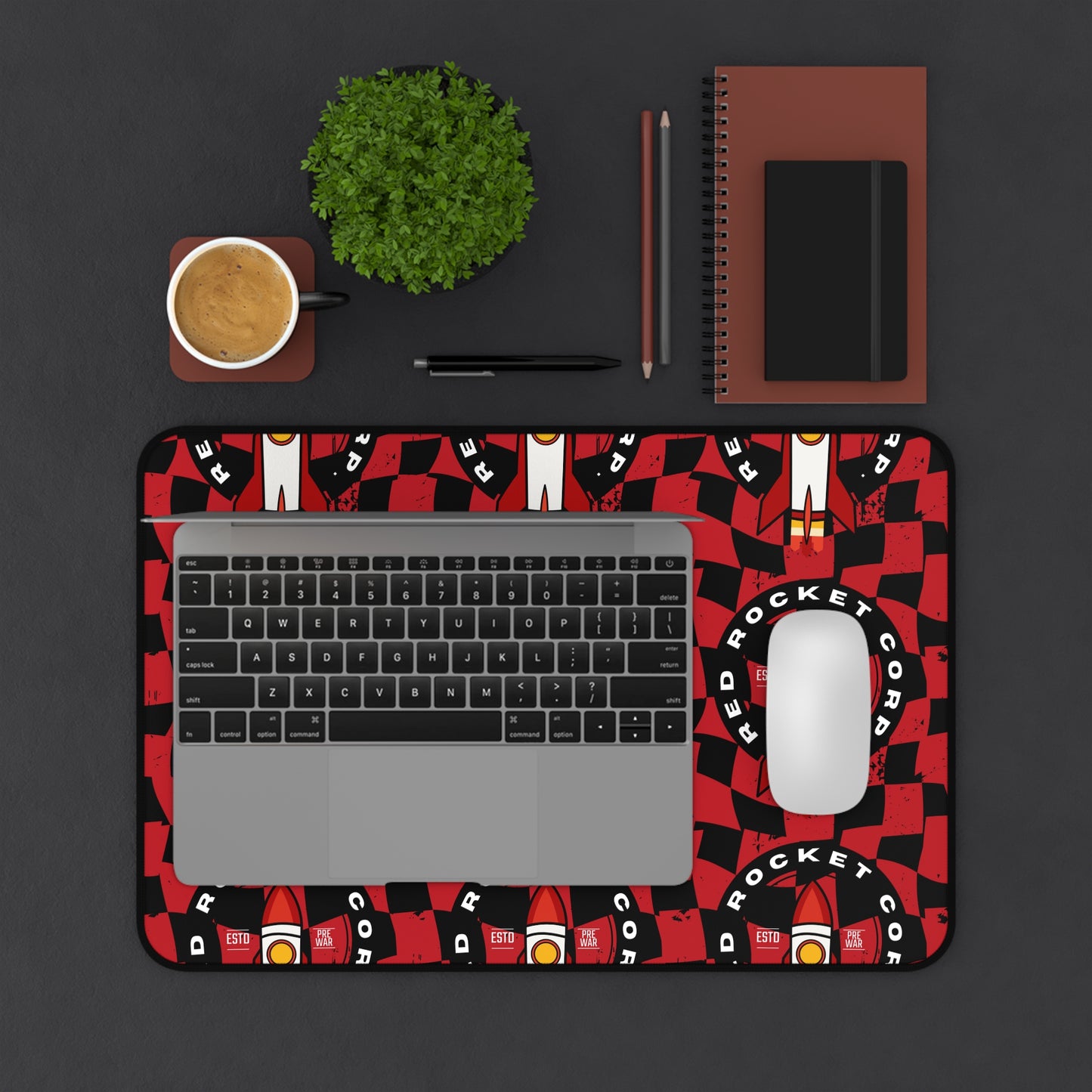 Red Rocket Desk Mat — Bold Checkered Rocket Mousepad for Gamers & Workspace