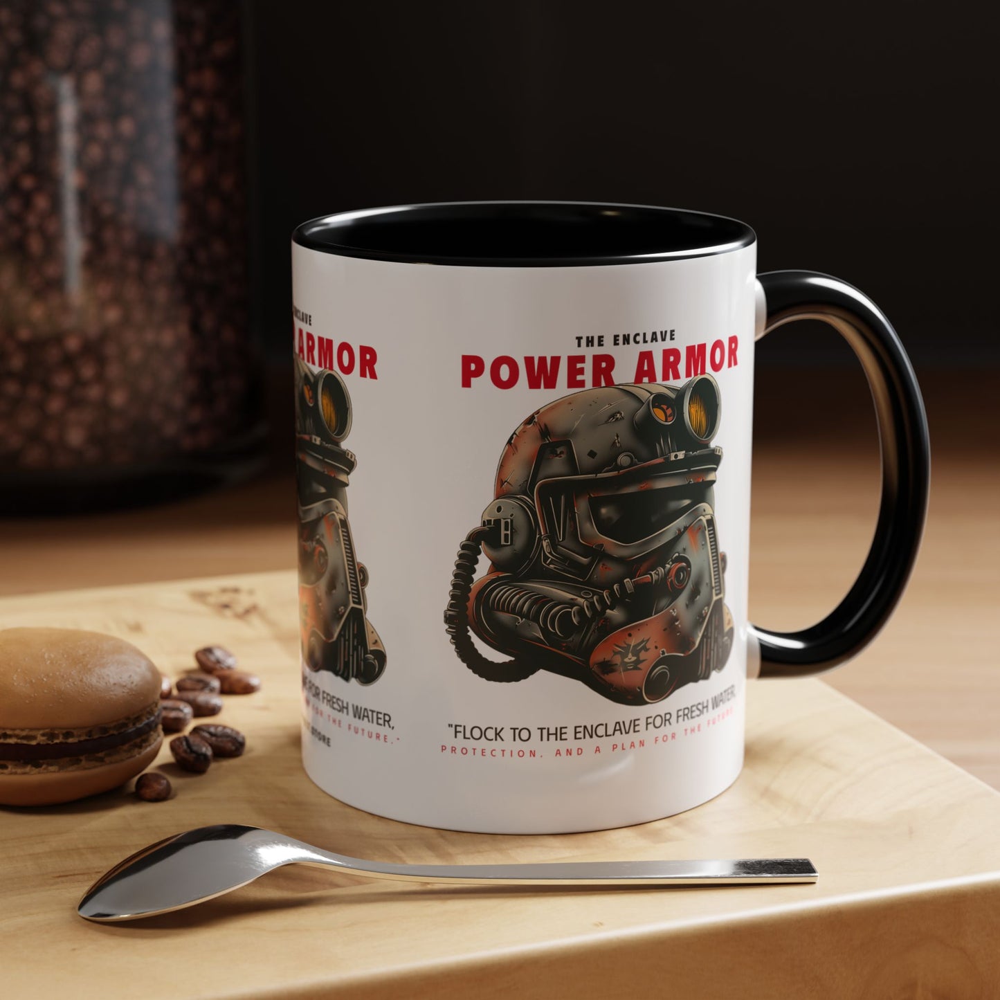 Power Armor Accent Coffee Mug — Fallout Enclave Helmet Design (11/15oz)
