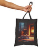 Cozy Fireplace Cat Canvas Tote Bag — 'I Could Stay Here' Autumn Bookbag