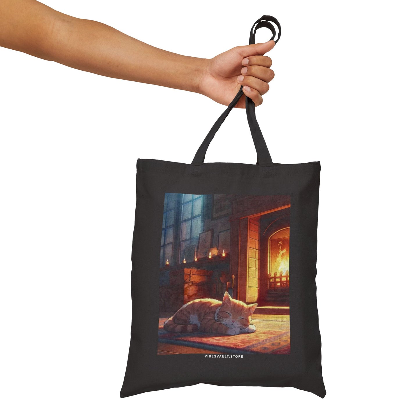 Cozy Fireplace Cat Canvas Tote Bag — 'I Could Stay Here' Autumn Bookbag