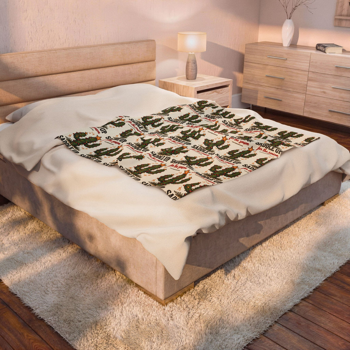 Velveteen Plush Blanket – Christmas Cactus “Saddle Up” Western Holiday Design